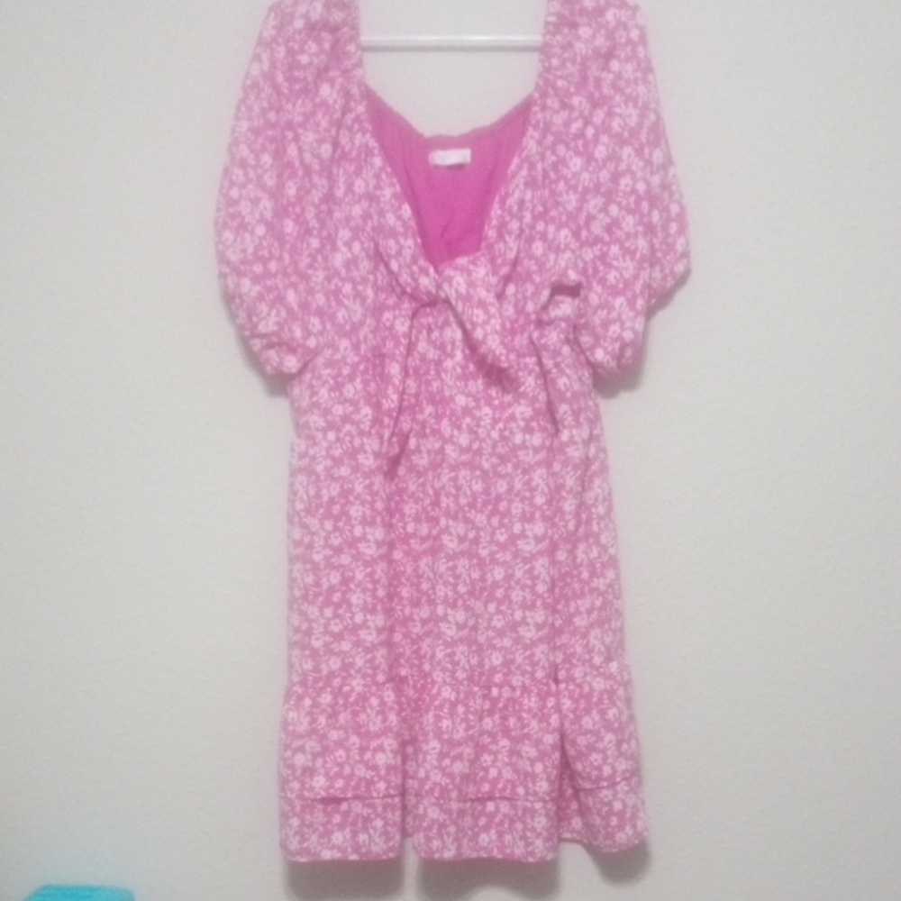 LC Lauren Conrad Pink Midi Dress with White Floral Design